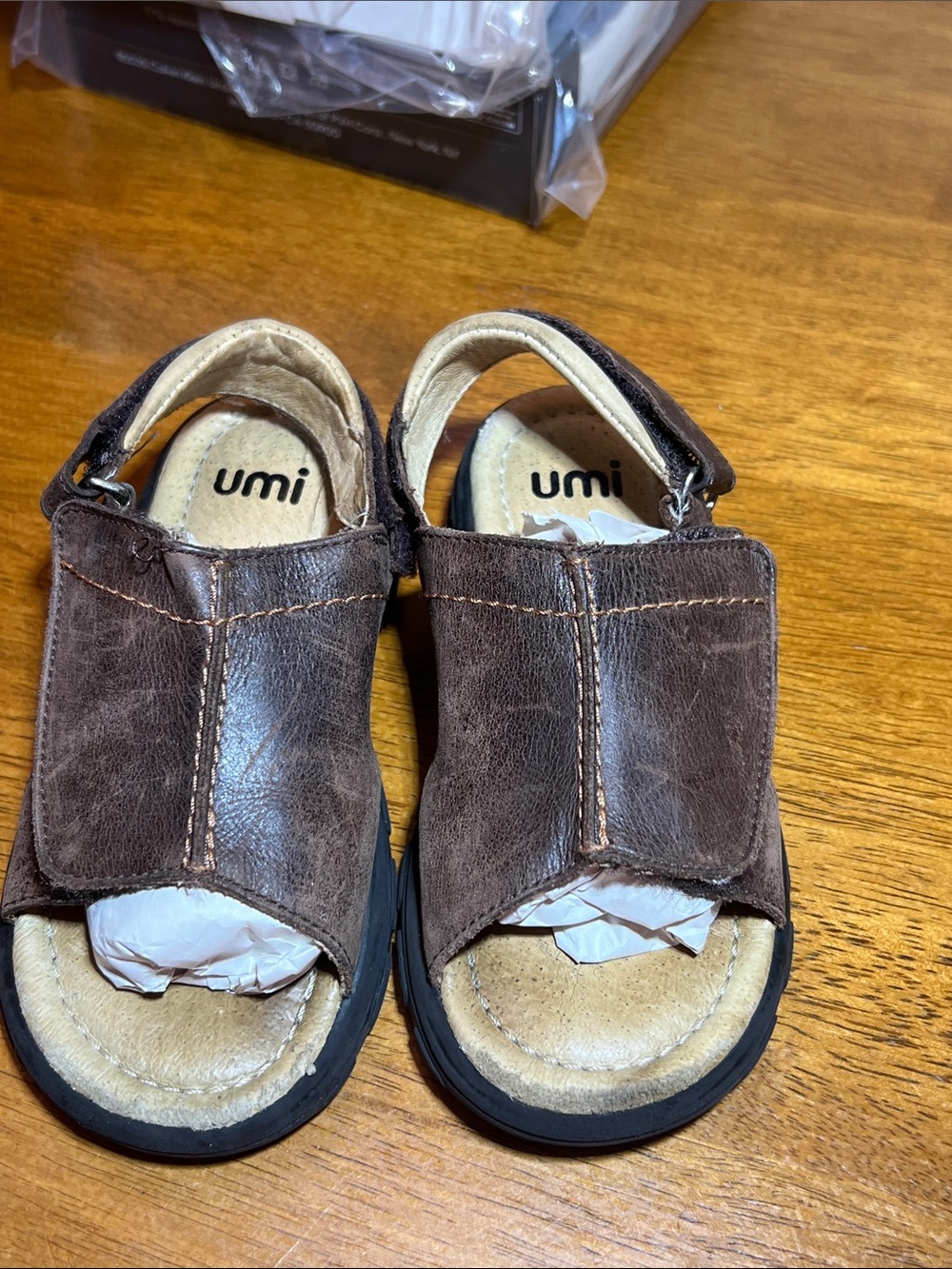 Umi Brown Leather Toddler Sandals with Hook-and-Loop Strap Size 11
